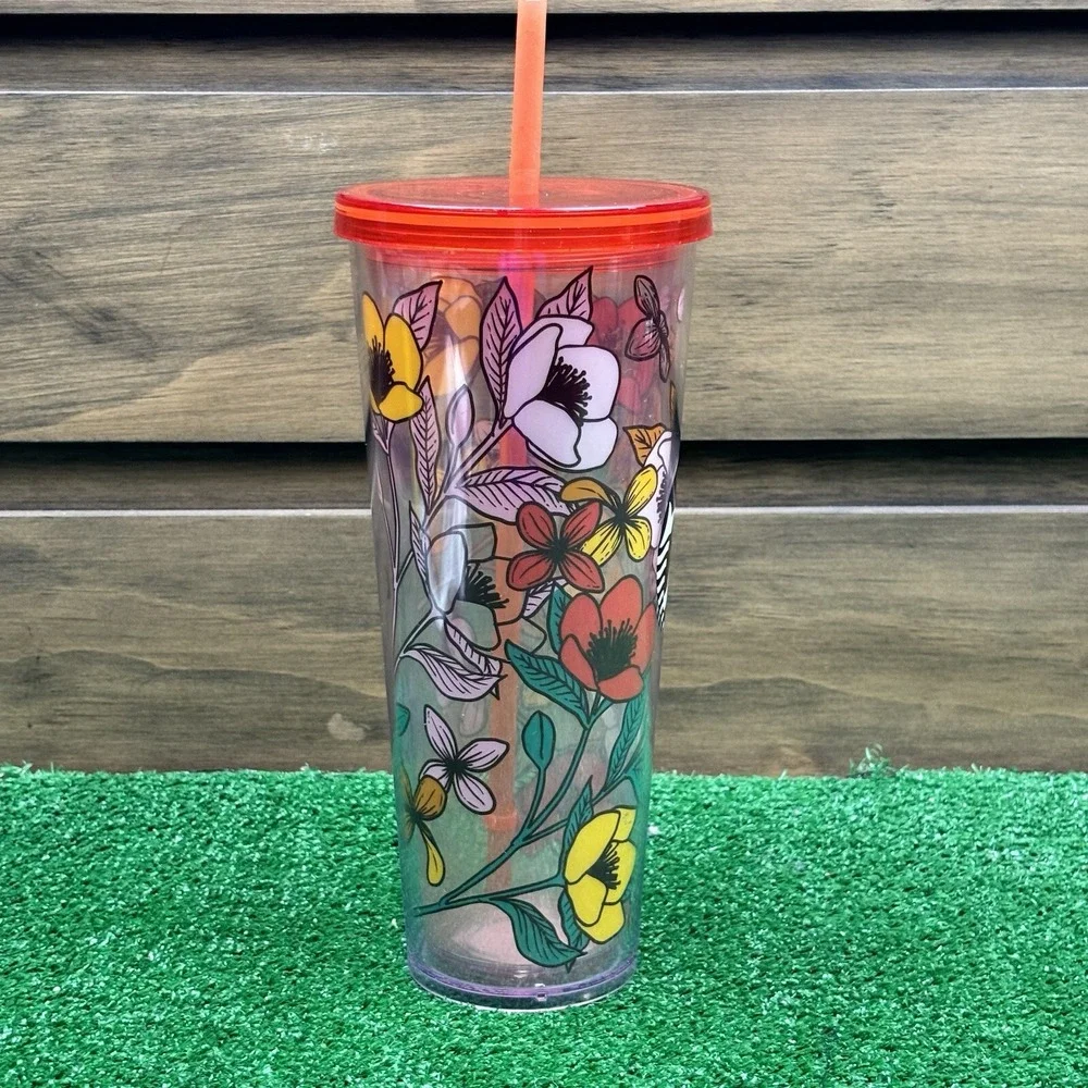 RARE Starbucks 24oz POPPY Flowers Acrylic Cold Drink Cup Tumbler‎ Red Yellow